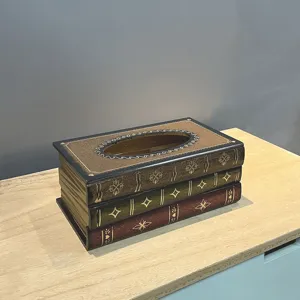 Vintage European style wooden tissue box designed as a stack of decorative books