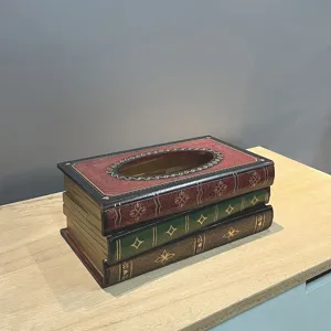 Antique vintage book style wooden tissue box holder featuring three-stack book design