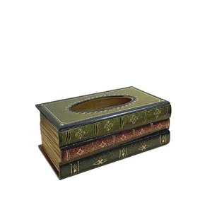 Vintage European style wooden tissue box shaped like a stack of three antique books