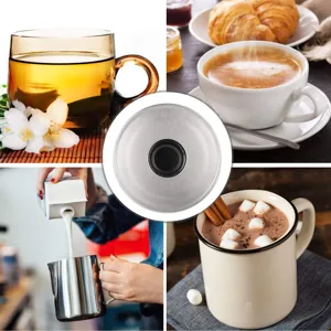 Detail view of a stainless steel tea warmer lid shown with various hot beverage scenes