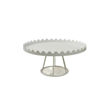Minimalist white metal cake stand with scalloped edge and wire pedestal base design