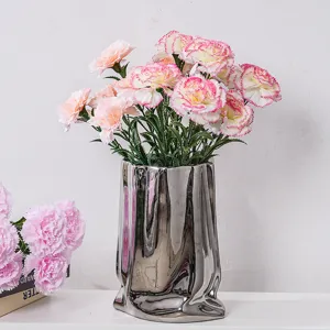 Artificial Carnation Silk Flower Arrangement With Crinkled Silver Ceramic Vase Modern Home Decor Mother Day Festival Gift