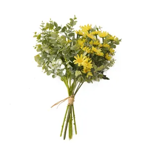 Artificial yellow daisy and eucalyptus bouquet with natural twine tie for home decor