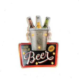 Vintage industrial LED Beer sign with ice bucket and bottles for bar wall decor