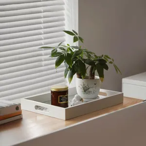 Nordic style white wooden serving tray with hollow handles, simple home decorative organizer.