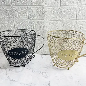 Set of iron wire coffee capsule storage baskets in cup shape black and gold finish