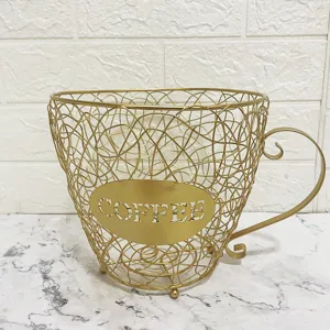 Golden cup-shaped iron wire coffee capsule storage basket with hollowed coffee label