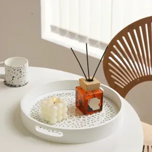 Nordic style white wooden decorative tray detail, hollow carved round storage plate for home decor.