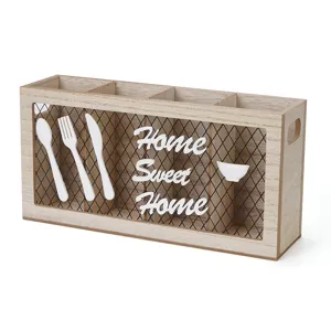 Organizador de cubiertos de madera rústica con diseño Home Sweet Home para cocina