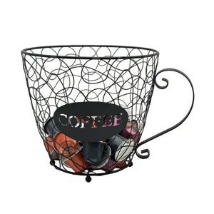 Cup-shaped black iron wire coffee capsule storage basket with cutout COFFEE lettering