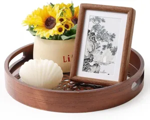 Wooden hollow tray detail view with photo frame and sunflower decor for home tabletop display.