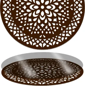 Detailed close-up view of the brown wooden hollow carved decorative tray and mandala placemat.