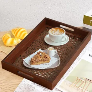 Wooden hollow serving tray, rustic decorative coffee tea platter with handles for home dining.