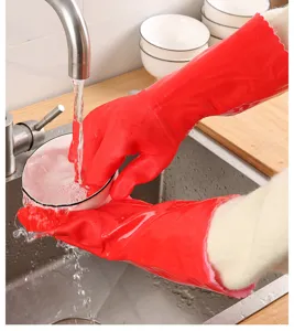 Guantes de goma rojos resistentes con forro polar cálido para lavar platos
