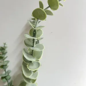 Gros plan détaillé de feuilles d'eucalyptus artificielles vertes avec texture réaliste