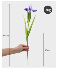 Artificial PU iris flower detail, 60cm height, 30g weight, realistic floral decor.