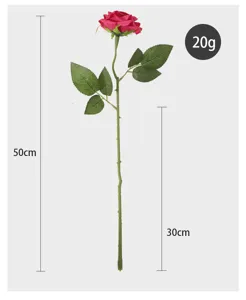 Single stem artificial magenta rolled-edge rose flower, 50cm total height, detail view