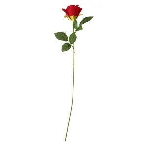 Realistic red Snow Mountain artificial rose single stem with green leaves for home decor