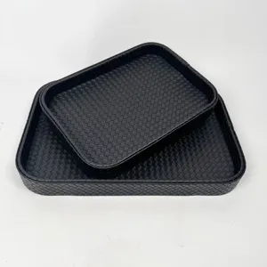 Black PU leather trays with woven texture detail, set of two square storage organizers