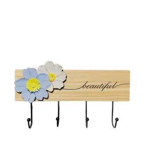 French country style wooden wall hook with decorative flowers and four metal hooks for home.