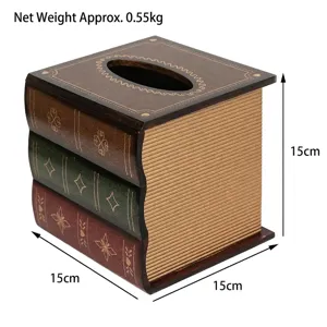 Boîte à mouchoirs en bois rétro en forme de livres avec dimensions de 15 cm et poids