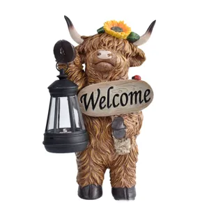 Highland cow solar garden statue with welcome sign and lantern for outdoor decoration