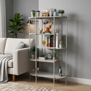 Vue détaillée d'une étagère en fer forgé gris à 5 niveaux avec plantes et livres