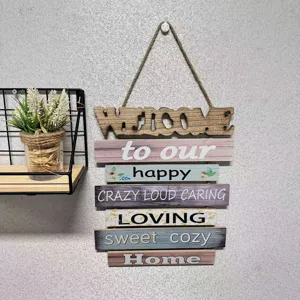 Rustic wooden hanging welcome sign with sentimental home quotes for cozy wall decor