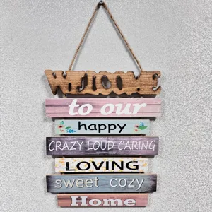 Close-up of wooden welcome home sign with rustic multi-color plaque design