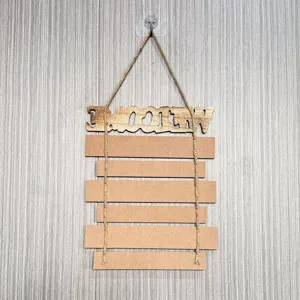 Rustic wooden welcome sign with hanging slats for home wall decor