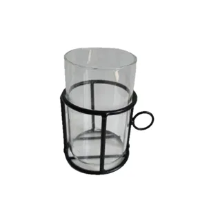Modern minimalist glass cylinder vase with black iron frame holder and ring handle decoration
