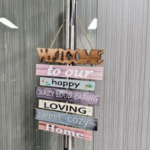 Rustic wooden welcome hanging sign with multiple colorful slats for home decor