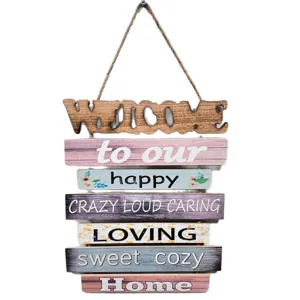 Rustic wooden welcome wall sign with colorful planks and "Home" inspirational quote