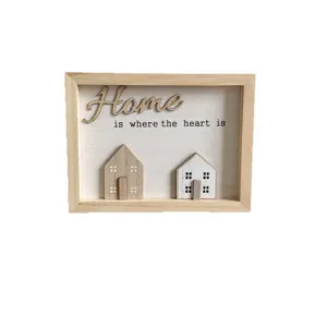 Minimalist Nordic wooden shadow box frame with 3D Home is where the heart is quote decor