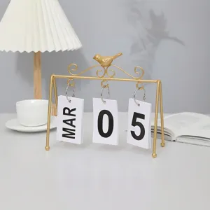 Nordic style gold iron flip calendar with bird decoration for desk office decor