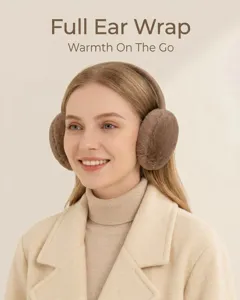 Close-up view of a model wearing brown plush earmuffs for premium winter ear protection.