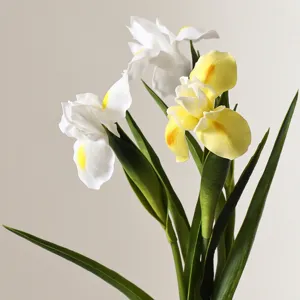 Close-up view of realistic white and yellow PU iris flowers with lifelike soft petals