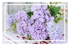 Macro view of purple artificial flower bouquet for wedding and home decoration accents