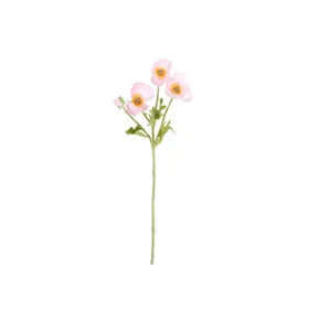 Rama individual de flores de amapola artificiales rosas con tres flores fondo blanco