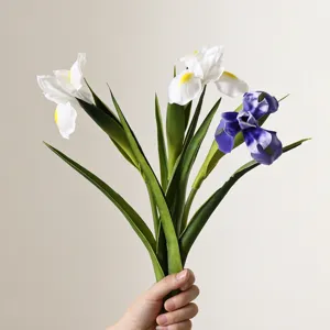 Realistic hand-touch PU artificial iris flowers bouquet in white and purple for decor