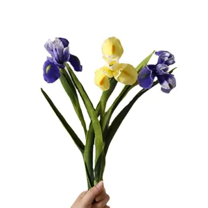 Realistic PU artificial iris flowers in purple and yellow for elegant home decor