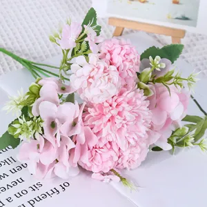 Artificial pink flower bouquet with pompon mums and hydrangeas for wedding decor