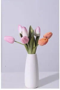 High-quality real touch artificial tulips in a minimalist white ceramic vase