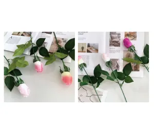 Single artificial moisturizing pink rose branch for bridal bouquets and wedding decor