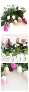 Macro view of colorful artificial rose buds with realistic texture and green leaves.