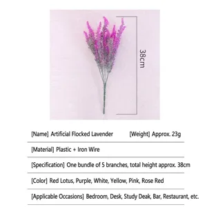Artificial 5-fork flocked lavender bundle for home and office decoration, 38cm tall