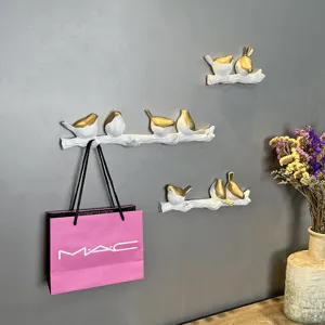 Decorative European creative branch bird wall hooks in white and gold resin for home