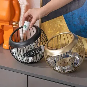 European Simple Iron Coffee Capsule Holder Hollow Metal Storage Basket Large Capacity Candy Display Rack Office Cafe Desk Organizer