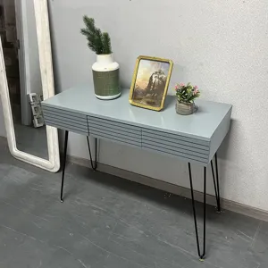 Modern Minimalist Dressing Table Solid Wood Vanity Desk Grey Slatted Drawers Makeup Table With Metal Hairpin Legs For Bedroom