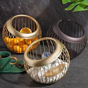 Minimalist iron wire coffee capsule holder storage basket in gold and brown finish